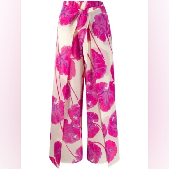 Diane Von Furstenberg Pants - Diane Von Furstenberg Cream Wide-Leg Pants with Pink Floral Print